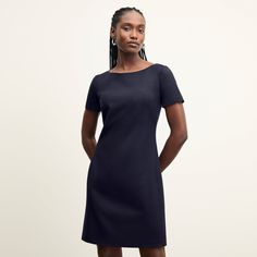 Rosie Dress - Washable Wool Twill :: Galaxy Blue Classic Summer Mini Dress For Work, Classic Summer Workwear Mini Dress, Elegant Fitted Mini Dress With Boat Neck, Chic Boat Neck Mini Dress For Formal Occasions, Short Sleeve Dress With French Seams For Work, Classic Mini Dress For Work With Flattering Silhouette, Chic Formal Mini Dress With Boat Neck, Chic Formal Boat Neck Mini Dress, Workwear Dresses With French Seams And Short Sleeves