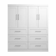 a white cabinet with two doors and drawers on the bottom, in front of a white background