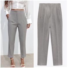 Zara High Waisted Straight Leg Trousers Pants In Gray Size S Blogger Fav! New With Tags! High-Waist Trousers With Seam Detail On The Front And Back. Front Welt Pockets. Front Zip Fly, Inside Button And Metal Hook Fastening. Outer Shell 72% Polyester 22% Viscose 6% Elastane Shoes With Gray Pants Women, Gray Bussines Pants, High Waist Summer Dress Pants With Welt Pockets, Tailored Ankle-length Summer Bottoms, Spring Office Bottoms With Welt Pockets, Summer Office Dress Pants By Zara, Tailored Pants With Elastic Waistband For Spring, Summer Office Pants With Pockets, Summer Office Dress Pants With Tapered Leg