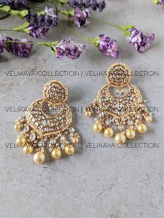 Premium gold plated kundan chandbali earrings with beautiful imitation polki stones in a classic design that never goes out of fashion. Wear these timeless earrings with a saree, lehenga or salwar suit. Length - 8 cm  Width - 4 cm Weight - 25 gm each Base Metal - Copper, silver & brass alloy with gold plating. ----------- CARE ----------- - Store in air tight zip lock bags - Do not expose to moisture/water - Do not spray chemicals or perfumes on the jewelry Please feel free to contact us if you have any questions. * We sell high quality imitation jewelry only. All measurements are approximate. Please note that all sales are final. Thank you Chandbali Gold, Kundan Earrings Gold, Kundan Chandbali, Suit Length, Punjabi Jewelry, Sari Lehenga, Timeless Earrings, Saree Lehenga, Asian Jewelry