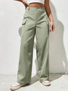 Looking for a comfortable and stylish addition to your casual wardrobe? Check out these Solid Color Flap Pocket Side Cargo Pants! Made from polyester woven fabric, these loose-fitting pants feature a plain pattern. With a long length and non-stretch fabric, they're perfect for all-day wear and offer plenty of room for movement. And thanks to their versatile design, you can easily dress them up or down to suit any occasion. Detail: Style: Casual Pattern Type: Plain Type: Cargo Pants Length: Long Trendy Ankle-length Wide Leg Pants With Side Pockets, Trendy Solid Ankle-length Parachute Pants, Trendy Loose Fit Cargo Pants Ankle-length, Baggy Straight Cargo Pants In Solid Color, Wide-leg Parachute Pants With Pockets, Trendy Green Wide Leg Pants With Side Pockets, Spring Cargo Style Ankle-length Pants, Solid High-waisted Parachute Pants For Work, Versatile Khaki Wide-leg Pants