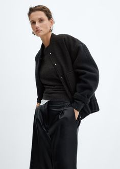 Oversized bomber jacket - Woman | MANGO USA Rich Girl Fashion, Oversized Wool Coat, Oversize Style, Style Oversize, Shopping Wishlist, Pleated Jumpsuit, Straight Fit Pants, Flowy Shirt, Transition Outfits