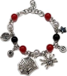 Casual Red Metal Jewelry, Trendy Adjustable Dangle Bracelets, Trendy Red Halloween Jewelry, Trendy Red Jewelry For Halloween, Bohemian Halloween Gift Bracelets, Bohemian Bracelets For Halloween Gift, Black Symbolic Metal Bracelet, Black Novelty Bracelet Jewelry, Symbolic Black Metal Bracelet