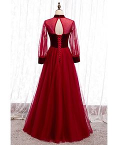 Buy burgundy aline tulle formal dress with collar illusion long sleeves at affordable price online. Free shipping and pro custom service since 2009. Long Sleeve Gown With Sheer Bodice For Prom, Long Sleeve Evening Dress With Sheer Bodice For Prom, Long Sleeve Tulle Evening Dress With Sheer Sleeves, Elegant Long Sleeve Tulle Gown, Evening Dress With Sheer Long Sleeves In Tulle, Long Sleeve Sheer Prom Gown, Sheer Tulle Evening Dress With Long Sleeves, Fitted Tulle Gown With Long Sleeves, Long Sleeve Prom Dress With Mesh Sleeves