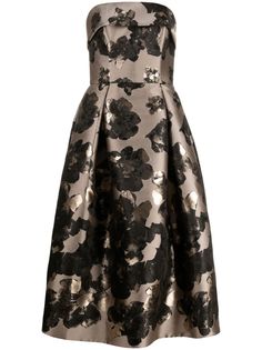 brown floral detail pleat detailing foldover top sleeveless concealed rear zip fastening mid-length Brown A-line Midi Dress For Evening, Spring Gala Midi-length Sleeveless Dress, Spring Gala Midi Sleeveless Dress, Sleeveless Midi Dress For Spring Gala, Sleeveless Floral Print Midi Dress For Gala, Floral Print Sleeveless Midi Dress For Gala, Elegant Floral Print A-line Sleeveless Dress, Chic Sleeveless Dress With Floral Print For Evening, Floral Print Midi Evening Dress