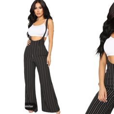 Nwot Never Worn Super Cute! No Longer Available To Purchase Online-Sold Out! Minor Defect Shown On Last Photo Suspender Flared Pants Wide Leg 95% Polyester 5% Spandex Made In Usa Overall Pants, Fashion Nova Pants, Flared Pants, Pants Wide Leg, Jumpsuit Fashion, Vertical Stripes, Flare Pants, Black Pants, Fashion Nova