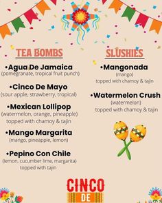 a menu for mexican food with confetti and other foods on it's side