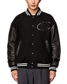 Diesel L-Franz-Patch Mixed Media Bomber Jacket Luxury Fall Outerwear With Logo Patch, Black Varsity Jacket With Logo Patch For Fall, Designer Black Outerwear With Embroidered Logo, Designer Streetwear Outerwear With Embroidered Logo, Designer Outerwear With Embroidered Logo For Streetwear, Black Varsity Jacket With Embroidered Patch For Fall, Black Sporty Outerwear With Embroidered Patch, Black Varsity Outerwear With Patches, Designer Outerwear With Padded Collar For Streetwear