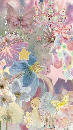 an abstract painting with flowers, butterflies and stars in pastel colors on a white background