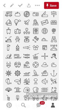 a large set of line icons with different types of travel and transportation related items in black and white