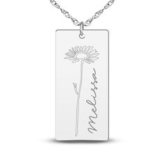 A lustrous high-polish, personalized rectangular pendant is adorned with a flower and displays a name proudly alongside in this vibrant women's necklace. Fashioned in 14K white gold, the 18-inch rope chain secures in place with a spring ring clasp. Personalize with 1 line up to 8 characters. Elegant Name Necklace With Flower Pendant, Elegant Rectangular Jewelry With Engraving Option, Personalized Jewelry Gift With Rectangular Pendant, Personalized Rectangular Pendant Jewelry, Elegant Rectangular Pendant Necklace For Mother's Day, Rectangular Necklaces For Anniversary, Elegant Rectangular Necklace For Mother's Day, Engraved White Gold Necklace With Rectangular Pendant, Customizable Sterling Silver Necklace With Rectangular Pendant