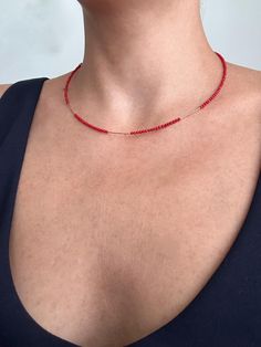 .Stylish choker made of minimal cut coral beads. .Micro silver pieces are handmade and gold plated. .Closure is gold plated silver. .A jewel that will elevate your style. .This minimal red stone necklace will make you feel very elegant and good. 💌D E T A İ L S Unique  Minimalis style Materials: Silver,Semi-Precious Stone Closure:Gold Plated Sterling Silver Hook Necklace Length: 47 CM (19 inches) 📐L E N G T H  A D J U S T M E N T S Measurements and weight are close approximations. If have conce Red Dainty Jewelry With Round Beads, Dainty Red Round Bead Jewelry, Red Dainty Round Beaded Jewelry, Dainty Red Round Beaded Jewelry, Red Beaded Dainty Jewelry, Minimalist Gemstone Beads Choker, Faceted Red Coral Beads Jewelry Gift, Dainty Red Beaded Necklaces With Round Beads, Gold Single Strand Red Coral Jewelry