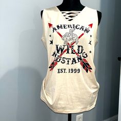 Size L Boutique Tank Top Great Under Flannel Shirt Or Denim Shirt Nwot Bin1 White Americana Tops For Spring, Fall Casual Graphic Print Tank Top, Americana Style Cotton Tops For Fall, Flannel Shirt, Denim Shirt, Tank Top, Womens Tops, Tank Tops, Boutique