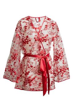 Cherry-red embroidered blossoms and branches overtake this sheer robe featuring lovely satin trim and wide, kimono-inspired sleeves. Long sleeves Removable sash Sheer 100% nylon Hand wash, dry flat Imported Cherry Blossom Kimono, Coquette Floral, Mesh Robe, Red Cherry Blossom, Sheer Robe, Red Cherry, Southern Belle, Cherry Red, Red Hot