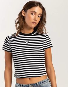 GUESS ORIGINALS Go Core Womens Baby Tee - WHT/BLK | Tillys Basic Striped Short Sleeve Tops, Trendy Striped Crew Neck Top, Trendy Striped Crew Neck Shirt, Striped Cotton Crew Neck Top, Sporty Striped Tops For Spring, Striped Cotton Crop Top With Short Sleeves, Sporty Striped Crew Neck Top, Striped Stretch Crop Top, Basic Striped Summer Top