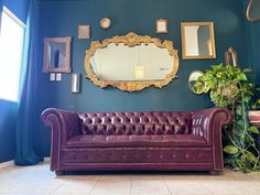 a purple leather couch sitting in front of a mirror on the wall next to a potted plant