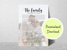 the family personalized wedding book is displayed next to an image of a bride and groom