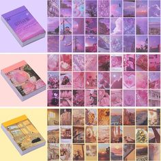 a collage of photos with pink and purple colors on them, including an open book