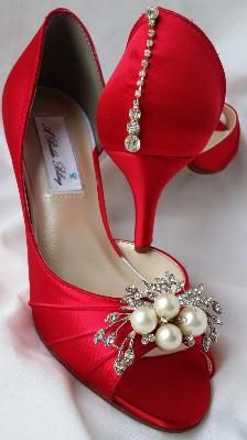 Red Wedding Shoes with Crystal and Pearl Design.  Crystal Back Red Bridal Shoes. Red Bridal Shoes, Shoes Everyday, Red Wedding Shoes, How To Dress For A Wedding, How To Dye Shoes, Wedding Shoes Bride, Red Bottom, Bridal Heels, Crystal Shoes