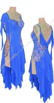 two women's ballroom dresses on mannequins, one in blue and the other in gold