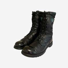 "Sz 10.5D Vintage black genuine leather 1980s Military combat jump boots. These boots were made in the 1980s in the good ole US of A. They were made for the military. They are called jump boots because they were used by paratroopers when parachuting out of airplanes. These have a leather upper and man made sole.  Size: 10.5D height: 10.5\" length: 12.5\" insole: 11.75\" width: 4.5\" heel: .75\" Material: leather Color: Black Condition: Good Vintage" Military Work Boots With Reinforced Round Toe, Military Combat Boots With Reinforced Toe, Leather Steel Toe Combat Boots, Leather Military Combat Boots With Round Toe, Military Leather Combat Boots With Round Toe, Military Leather Boots With Reinforced Toe, Military Leather Combat Boots With Reinforced Toe, Military Steel Toe Work Boots, Military Work Boots With Steel Toe