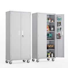 two metal storage cabinets with wheels on each side and one door open to the other