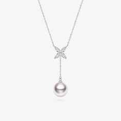 Material: 18K white gold, Akoya Pearl and diamond Akoya saltwater cultured pearl Size of pearl: around 8.5-9.0 mm Length of chain: around 46 cm (adjustable) Length of pendant chain: Adjustable 21 cm Weight of Diamonds: 4 diamond approx. 0.245 carats Handpicked of every pearl, only top 1% of pearls are selected Handcrafted Lifetime warranty Refined White Gold Solitaire Necklace, Fine Jewelry White Gold Necklace With Diamond Accents, White Gold Necklace With Diamond Accents Fine Jewelry, White Gold Necklace With Diamond Accents, Luxury Sterling Silver Solitaire Necklace For Formal Occasions, Luxury White Diamond Cut Necklace, Luxury White Diamond Platinum Necklace, Formal Sterling Silver Necklace With Pearl Pendant, Refined White Gold Necklace With Brilliant Cut