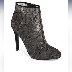 Jessica Simpson Stacie Lace Bootie 4" Heel (Size 8.5) 3 1/2" Shaft Side Zip Closure New Never Worn Evening High Heel Booties For Fall, Elegant Ankle-high Booties With 4-inch Heel, Elegant High Heel Platform Booties, Formal High Heel Platform Booties, Party Ankle Booties With 4-inch Heel, Formal Ankle-high Booties With 4-inch Heel, High Heel Platform Booties For Formal Occasions, Elegant Black Booties For Night Out, Elegant Black Ankle-high Booties