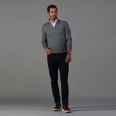 The Luxury Touch Cotton and Cashmere Quarter Zip Sweater is the ultimate layering piece to complete any gentleman's wardrobe. Crafted with the highest quality cashmere cotton blend, this quarter zip sweater provides ultra soft breathability with durability – simple to wash and easy to maintain. Our special cashmere cotton blend adds a luxurious feel without comprising the strength and longevity of this must-have sweater. The added detail of the quarter zip brings an elevated style that pairs per Polo Sweater For Layering In Fall, Polo Quarter Zip Outfit, Zip Jumper Outfit, Grey Quarter Zip Outfit, Quarter Zip Sweater Outfit, Quarter Zip Outfit Men, Zip Sweater Outfit, Quarter Zip Outfit, Polo Quarter Zip