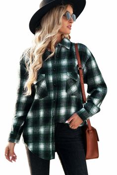 Women Green Buttons Pocketed Plaid Shacket Specifications Size Type regular Sleeve Length full sleeve Occasion spring & autumn Style casual Item Type Long Sleeve Tops Pattern plaid Neckline turn-down collar Decoration button, pockets Material 95%Polyester+5%Elastane •This shirt with plaid pattern is classic and will never out of date •Loose fit style with turn-down collar, long sleeve and buttons closure on the front •Plaid shirt with pockets on the front bust, rounded hemline finished •Fashiona Type Collage, Tops Pattern, Plaid Shirt Women, Plaid Shacket, Plaid Fashion, Green Button, Loose Style, Shirts For Women, Clothing Size Chart