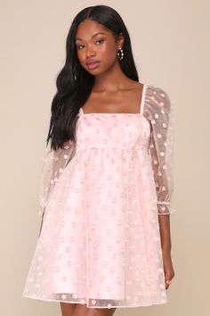 Your sweet personality will always shine in the Lulus Effervescent Charm Pink Organza Floral Babydoll Mini Dress! Airy woven organza features an adorable texture of applique-like floral details as it shapes three-quarter balloon sleeves with elastic at the cuffs and shoulders. Square neckline tops a seamed bodice with a high waist. Babydoll silhouette continues with a flaring skirt that finishes at a mini hem. Hidden zipper/clasp at back. Fit: This garment fits true to size. Length: Mid-thigh. S Organza Dress With Sheer Sleeves And Sweetheart Neckline, Summer Mini Dress With Sheer Sleeves And Sweetheart Neckline, Spring Dress With Sheer Sleeves And Square Neck, Summer Puff Sleeve Organza Mini Dress, Summer Organza Mini Dress With Puff Sleeves, Summer Puff Sleeve Tulle Dress, Summer Tulle Dress With Puff Sleeves, Flirty Mini Dress With Sheer Sleeves For Spring, Spring Organza Dress With Long Sleeves