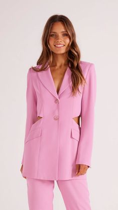 - Cut-out tailored blazer in pink - Cut-outs at side waist - Notched collar - Single-breasted tortoiseshell button closure - Full-length sleeves with two-button cuffs - Lined - Back vent - Angled flap pockets- Designed in Sydney, Australia - Style Number: MG2303484 Rebecca is 173cm (5'8") tall and wears size S. Shell: 97% Polyester 3% Elastane, Lining: 97% Polyester 3% Elastane - Dry clean only Shop Small Saturday, Pink Shade, Stylish Outfit, Tailored Blazer, Mink Pink, Notched Collar, Sydney Australia, Blazer Dress, Shop Womens