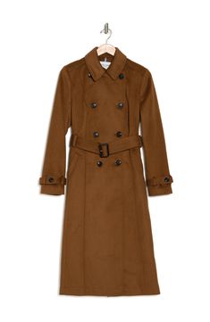 A matching belt cinches the waist of this double-breasted trench coat perfect for colder months. 45" length (size 2) Spread collar Long sleeves Double-breasted button closure Lined 52% wool, 47% polyester, 1% other fibers Dry clean Imported Model Stats: 5'10" height; 34" bust; 27" waist; 35" hips. Model is wearing size 2. Trendy Double-breasted Pea Coat For Fall, Trendy Double-breasted Fall Pea Coat, Trendy Double Button Pea Coat For Fall, Fitted Pea Coat With Belted Cuffs For Fall, Belted Long Pea Coat For Fall, Collared Double-breasted Pea Coat For Fall, Fall Collared Double-breasted Pea Coat, Fitted Outerwear With Belted Cuffs For Fall, Fitted Fall Outerwear With Belted Cuffs