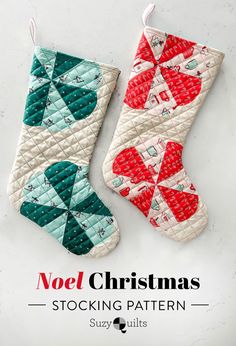 two oven mitts are sitting next to each other with the words noel christmas stockings on them