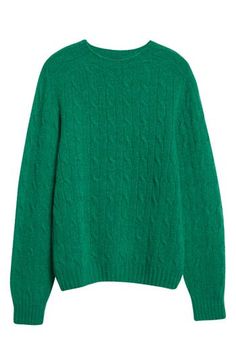 Brushed wool brings luxurious softness and comfort to a classic cable-knit sweater in a roomy fit that works layered or on its own. 26" length (size Medium) Crewneck Long sleeves Ribbed cuffs and hem 100% wool Dry clean Made in the UK Designer Clothing Classic Green Cable Knit Sweater, Green Wool Cable Knit Sweater, Merino Wool Cable Knit Sweater For Work, Cozy Cable Knit Sweater For Work, Crewneck Sweater, Crew Neck Sweater, Drake, Cable Knit, Knit Sweater