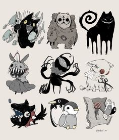 an image of various cartoon animals on a white background with black and grey colors in the middle