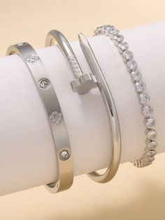 Fashionable Stainless Steel Flower Zirconia Decor Cuff Bracelet, Suitable For Women Daily Wear Silver Fashionable        Women Fashion Jewelry, size features are:Bust: ,Length: ,Sleeve Length: Steel Flowers, Cubic Zirconia Bracelet, Stone Bangle, Women's Jewelry Sets, Watches Women Fashion, Bracelet Designs, Gifts For Teens, Stainless Steel Bracelet, Fashion Handbags