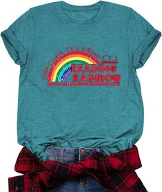 PRICES MAY VARY. Material: Reading rainbow shirt for women is made of cotton blend, the fabric feels soft and comfortable, breathable and elastic, fit. You'll love these book shirts! FEATURE: Reading teacher shirt, funny reading teacher shirts for women. book shirts, book lover shirt, reading tshirt short sleeve, world book day tee book shirts, book lover shirt, reading tshirt short sleeve, world book day tee tops,librarian shirt gift. simple and elegant cute rainbow shirt. OCCASION: These book Cotton Slogan T-shirt, Reading Teacher Shirts, Reading Tshirt, Reading Month, Library Office, Librarian Shirt, Reading Rainbow, Reading Teacher, Reading Shirts