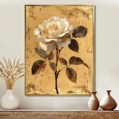 a large white rose on a gold background