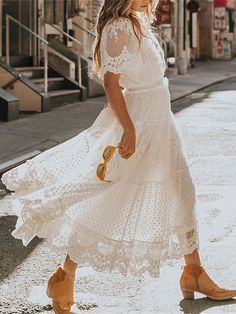 Women's Lace Dress Holiday Dress Swing Dress Maxi long Dress White Short Sleeve Pure Color Contrast Lace Summer Spring V Neck Elegant Vacation 2023 S M L XL 2023 - US $46.99 Hobo Chic, Short Sleeve Lace Dress, Hippie Stil, Maxi Dress Outfit, Cotton Sundress, Bohemian Maxi Dress, Short Sleeve Maxi Dresses, White Short Dress, White Dresses For Women