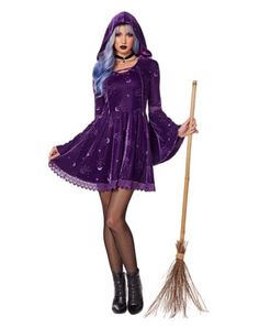 a woman in a purple dress holding a broom