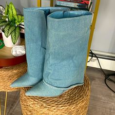 Never Worn, Good Condition Will Accept Best Offer Chic Denim Blue Boots For Spring, Casual Fitted Denim Blue Boots, Casual Denim Blue Pointed Toe Boots, Casual Blue Pointed Toe Boots, Fitted Denim Boots For Spring, Denim Blue Pointed Toe Denim Boots, Blue Denim Boots With Pointed Toe, Blue Denim Boots With Round Toe, Denim Summer Boots