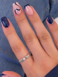 Nail Art Square Nails, Hawaii Nails, Navy Blue Nails, Colorful Nails, Simple Gel Nails, Casual Nails, Her Nails, Short Nail