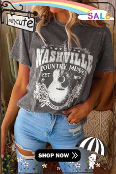 Gray Nashville Music City Graphic Mineral Washed Tee Fall Concert T-shirt With Text Print, Fall Music-themed Graphic Print T-shirt, Front Print Crew Neck Top For Music Festivals, Crew Neck Top With Front Print For Music Festivals, Casual Spring Tops For Country Concerts, Spring Concert Top With Text Print, Casual Fall Tops For Music Festival, Casual Tops For Fall Music Festival, Letter Print Tops For Fall Music Festival