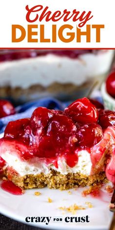 This Classic Cherry Delight is a Valentine’s Day dessert recipe that’s sure to impress! With a cool and creamy cheesecake filling, a buttery graham cracker crust, and a homemade cherry pie filling topping, it’s an irresistible no-bake treat! Classic Cherry Delight, Cherry Delight Recipe, Cherry Delight Dessert, Cherry Recipes Dessert, No Bake Cherry Cheesecake, Homemade Cherry Pies, Cherry Delight, Crazy For Crust, Easy No Bake Cheesecake