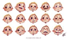 a bunch of cartoon faces with different expressions and facial expressions on each face, including one man's head