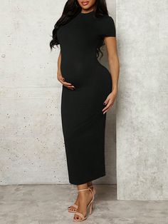 Maternity Sexy Black Bodycon Dress Black Elegant  Short Sleeve Knitted Fabric Plain Bodycon Slight Stretch  Maternity Clothing, size features are:Bust: ,Length: ,Sleeve Length: Elegant Black Maternity Dress, Black Dress Maternity Shoot Casual, Black Dress Maternity Dress, Black Bodycon Maxi Dress, Shein Maternity, Bodycon Maxi Dress, Bodycon Maxi Dresses, Maternity Clothing, Black Bodycon Dress