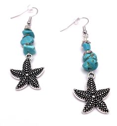 Beautiful, Antique silver starfish dangle earrings.  Turquoise stone really gives it a beachy coastal feel.  Light weight, yet sturdy, these will make a great gift or keep as a gift for yourself!  I take great care and pride in each piece that I create, I hand make each piece myself!  And as always, FREE domestic SHIPPING and FREE GIFT WRAP! Turquoise Dangle Earrings, Turquoise Earrings Dangle, Earrings Turquoise, Valentines Day Hearts, Beaded Dangle Earrings, Etsy Earrings Dangle, Free Gift Wrapping, Beaded Dangles, Heart Bracelet