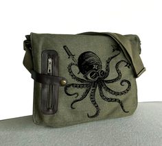 Octopus Design, Small Laptop, Messenger Bag Backpack, Fish In A Bag, Vintage Fishing, Hand Screen Printed, Messenger Bags, Khaki Green, Cotton Bag