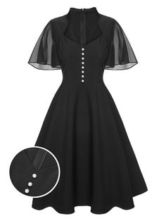 Black 1950s V-Neck Pearl Buttons Dress | Retro Stage Retro Dress Outfits Vintage Style, Dark Coquette Fashion, 1950s Goth, Black Corporate Dress, Vintage Outfits Classy 1950s, Casual Goth Dress, Pinafore Dress Pattern Free, Cooperate Baddie, Vintage 50s Fashion